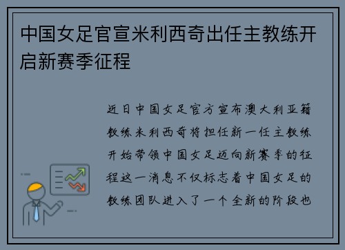中国女足官宣米利西奇出任主教练开启新赛季征程 中国女足官宣米利西奇出任主教练开启新赛季征程